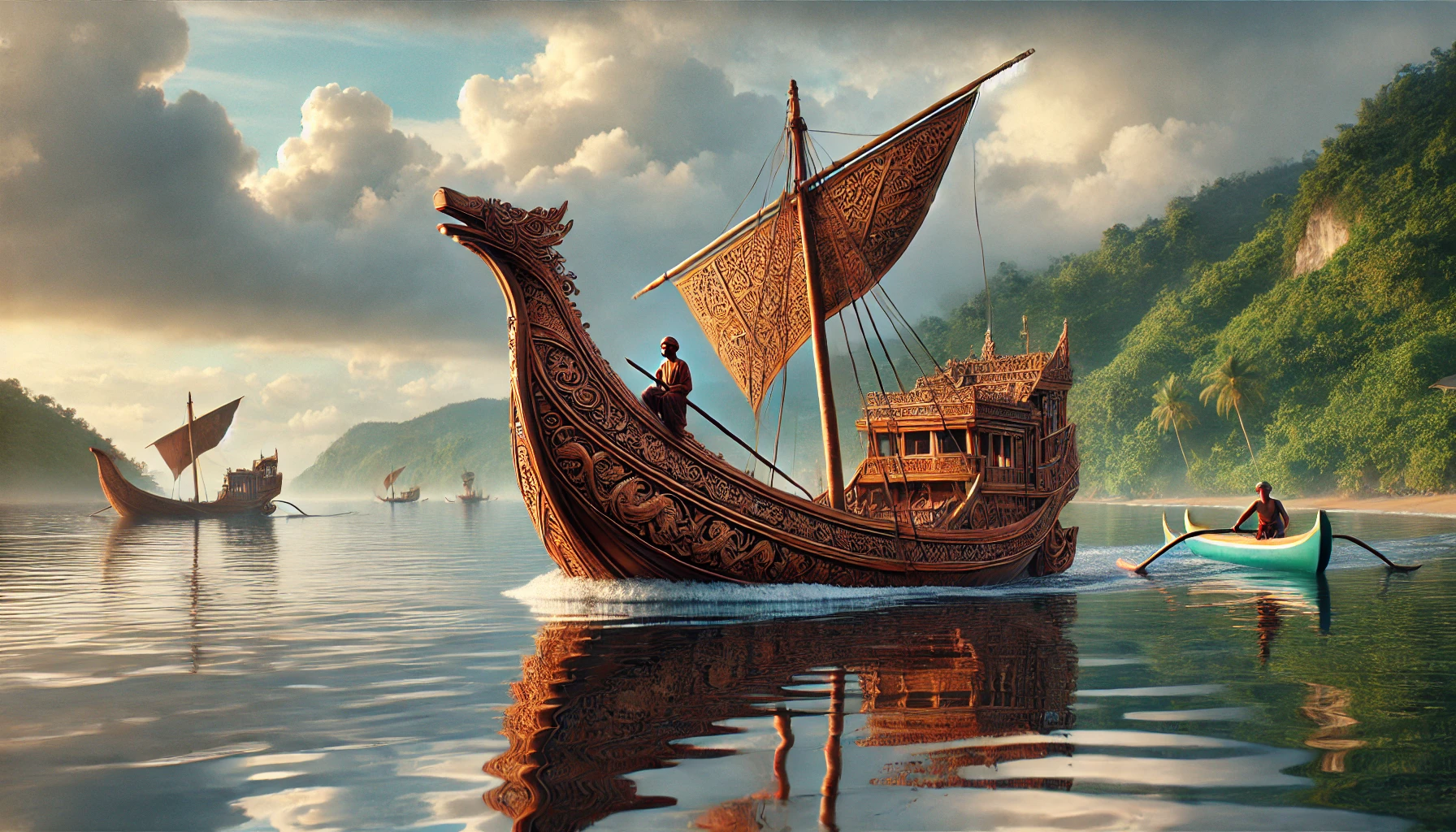 Image Of depiction of a traditional Sundanese boat on the waters of West Java, Indonesia, reflecting its cultural evolution.