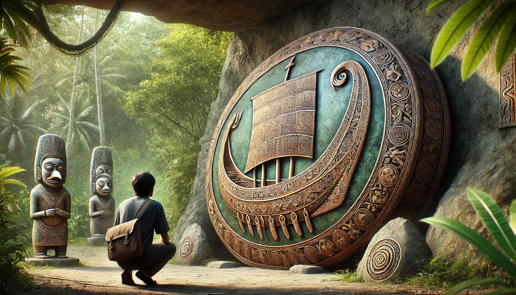 Image showing a person observing an ancient artifact adorned with prehistoric Sundanese boat motifs.