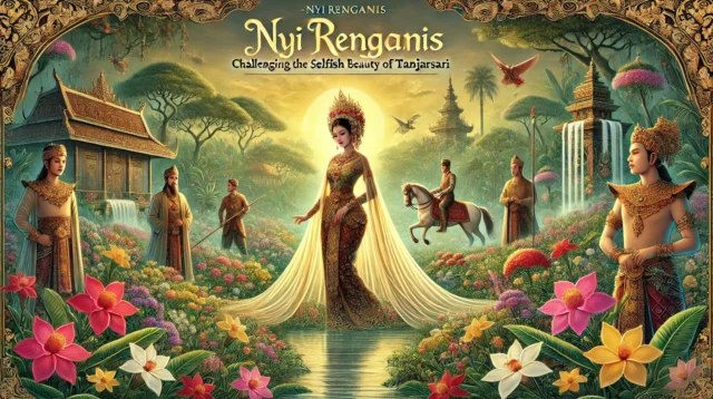A beautifully illustrated depiction of a traditional Sundanese folklore scene featuring Nyi Rengganis, a graceful woman in traditional Sundanese attire