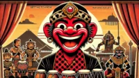 A vibrant illustration of Cepot, the iconic comedic character from Wayang Golek, set against a traditional Indonesian backdrop.