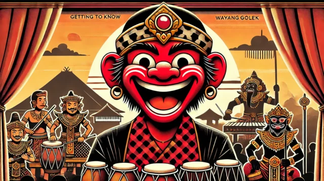 A vibrant illustration of Cepot, the iconic comedic character from Wayang Golek, set against a traditional Indonesian backdrop.