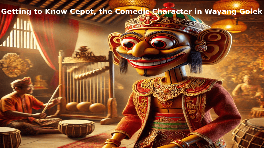 A vibrant illustration of Cepot, the iconic comedic character from Wayang Golek, set against a traditional Indonesian backdrop.