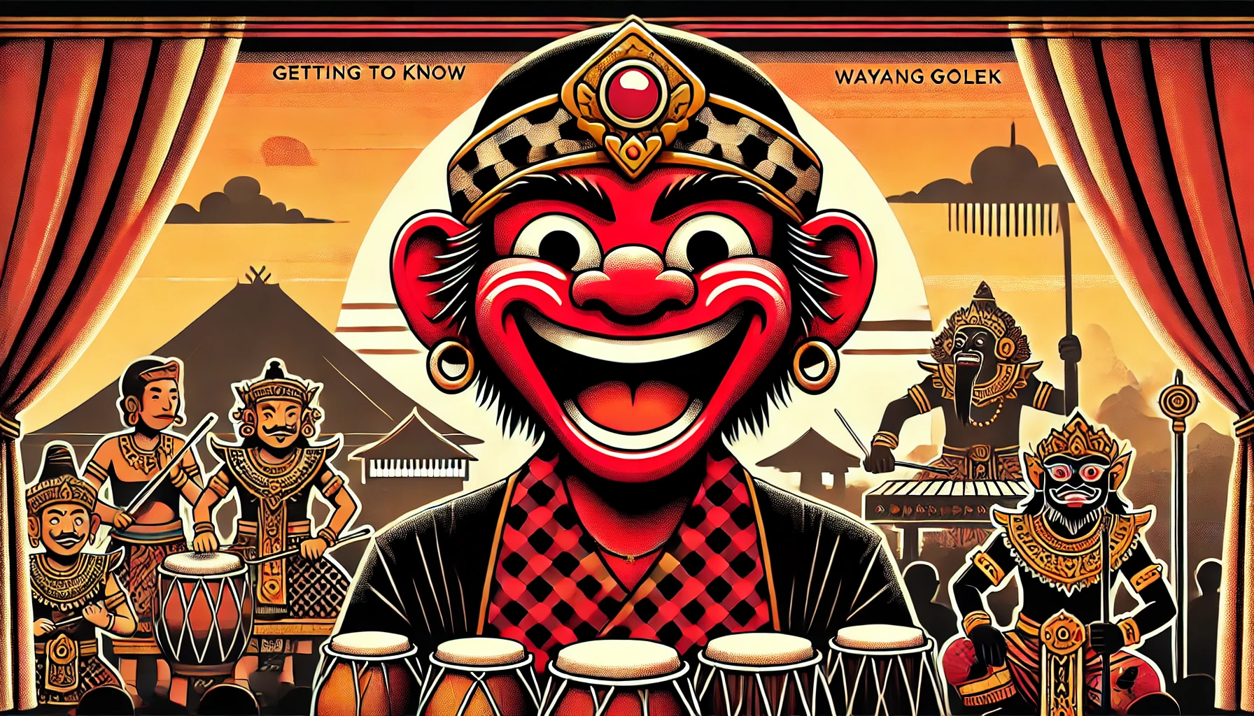 A vibrant illustration of Cepot, the iconic comedic character from Wayang Golek, set against a traditional Indonesian backdrop.