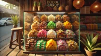 A realistic display of traditional Dodol Garut snacks in a glass showcase at a market stall. A realistic display of traditional Dodol Garut snacks in a glass showcase at a market stall.