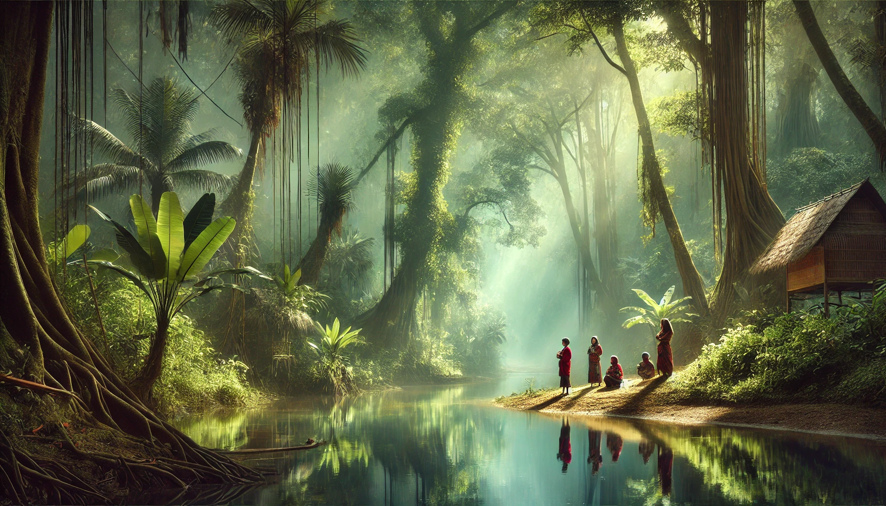A serene and mystical depiction of Karangkamulyan Village in Ciamis, Indonesia, set in a lush tropical environment.