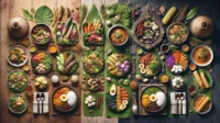 A split screen visual comparison of Sundanese and Javanese cuisines, showcasing their distinct features. A split screen visual comparison of Sundanese and Javanese cuisines, showcasing their distinct features.