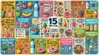 A visually engaging collage showcasing 15 tips for healthy eating, arranged in a colorful and vibrant infographic style. A visually engaging collage showcasing 15 tips for healthy eating, arranged in a colorful and vibrant infographic style.