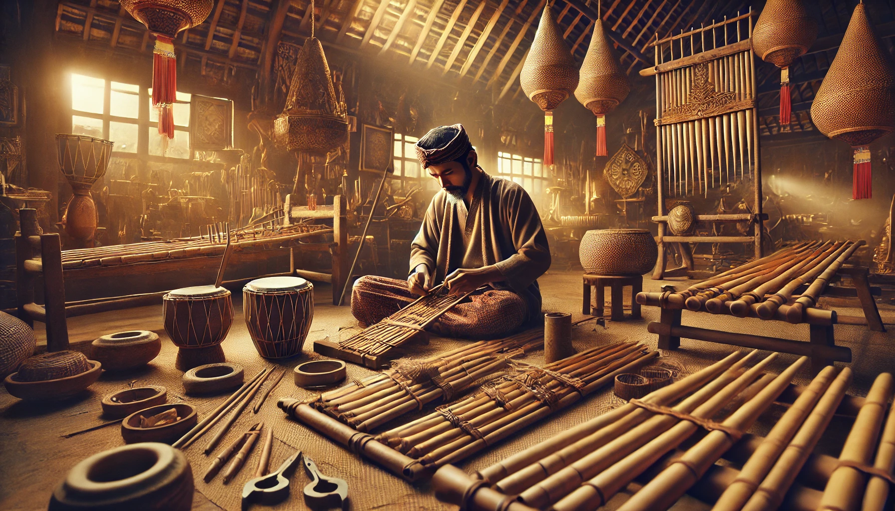 Image of depiction of a Sundanese craftsman designing an angklung bamboo in a traditional workshop.