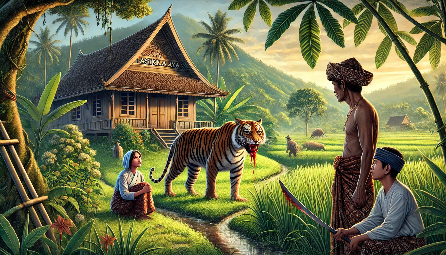 Image of illustration of a poignant scene from a Sundanese legend Si Loreng. Depict a rural Tasikmalaya.