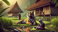 llustration of a traditional rural Indonesian village in Tasikmalaya, showcasing a humble wooden house surrounded by lush greenery. llustration of a traditional rural Si Loreng Indonesian village in Tasikmalaya, showcasing a humble wooden house surrounded by lush greenery.