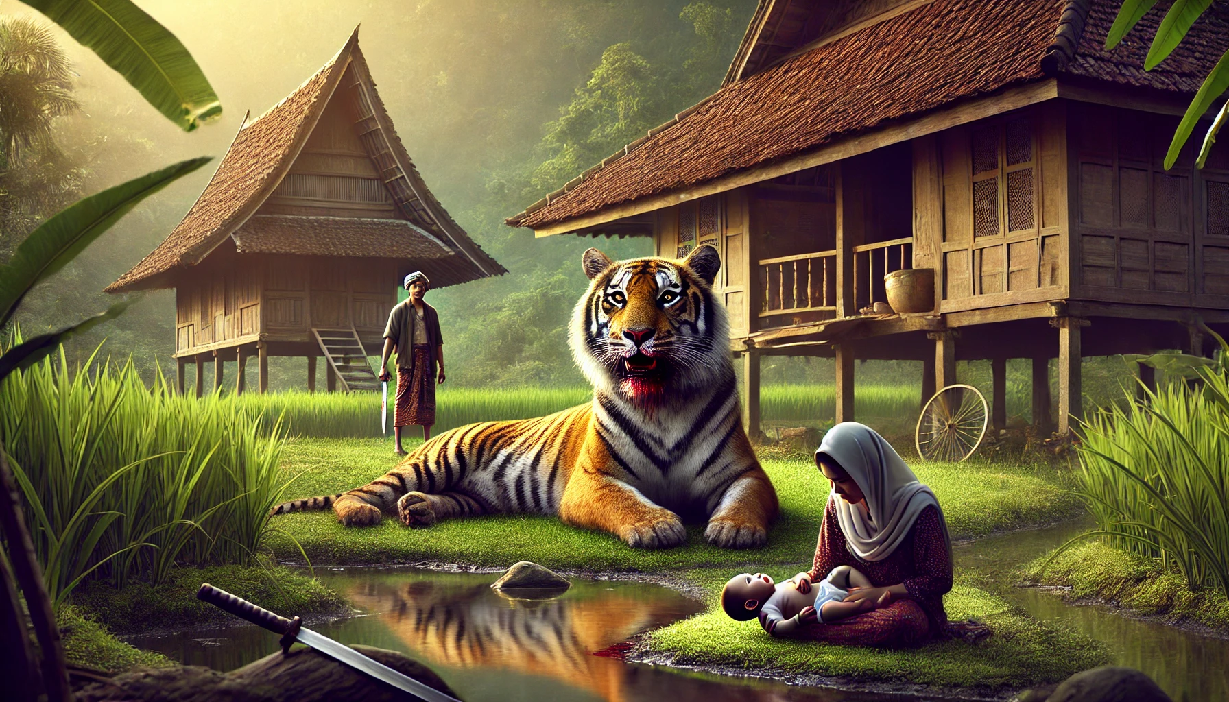 llustration of a traditional rural Indonesian village in Tasikmalaya, showcasing a humble wooden house surrounded by lush greenery. llustration of a traditional rural Si Loreng Indonesian village in Tasikmalaya, showcasing a humble wooden house surrounded by lush greenery.