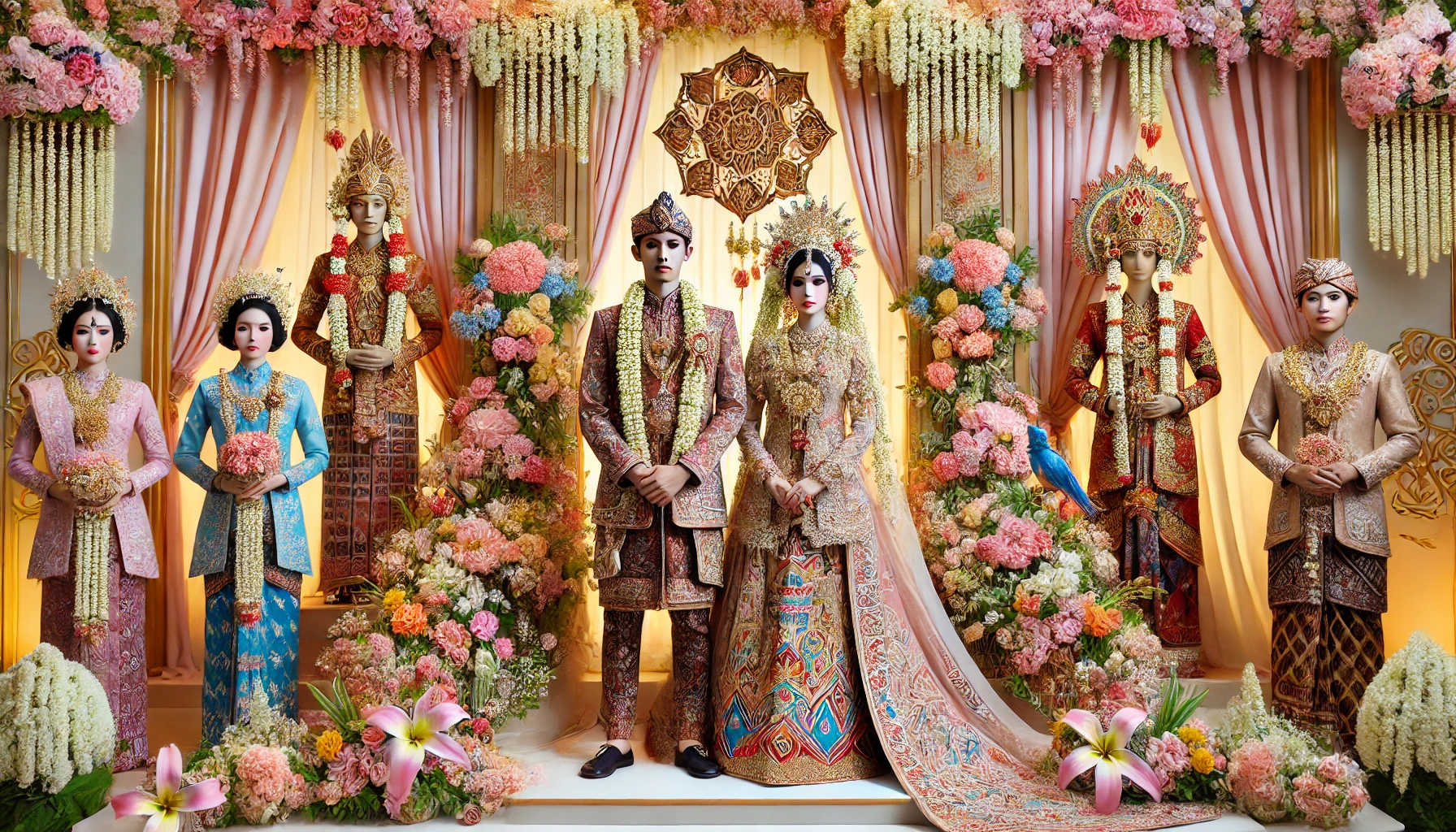A beautifully detailed traditional Indonesian wedding setting showcasing a Sundanese and Javanese couple in their distinct cultural wedding attire.