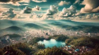 A breathtaking panoramic view of Bandung city from a high vantage point, surrounded by lush green hills and mountains in the background. Mount Kakapa