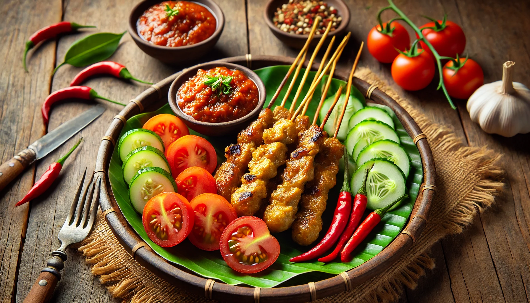 A close-up of delicious Sate Maranggi skewers, grilled to perfection, served with sambal tomat (spicy tomato sauce) on a traditional Sundanese plate.