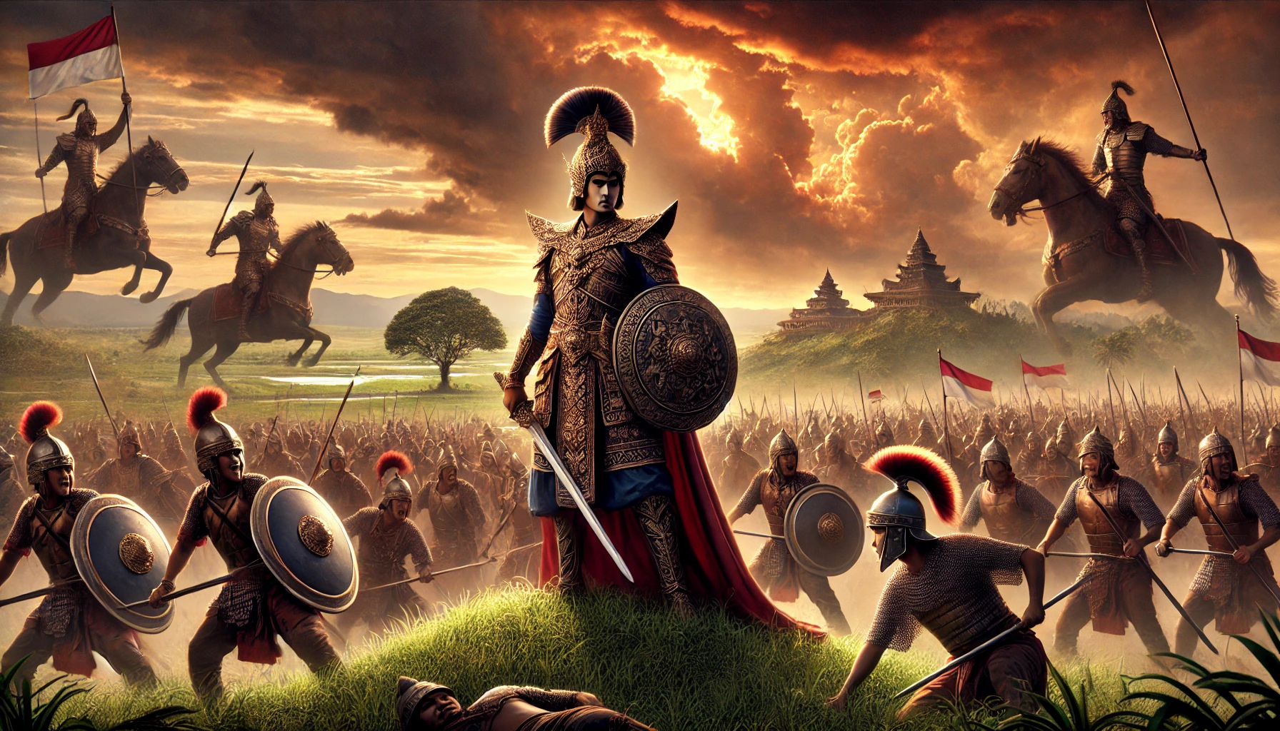 A depiction of the Bubat War, showing a historical battle between the Sunda Kingdom and the Majapahit Kingdom in 1357.
