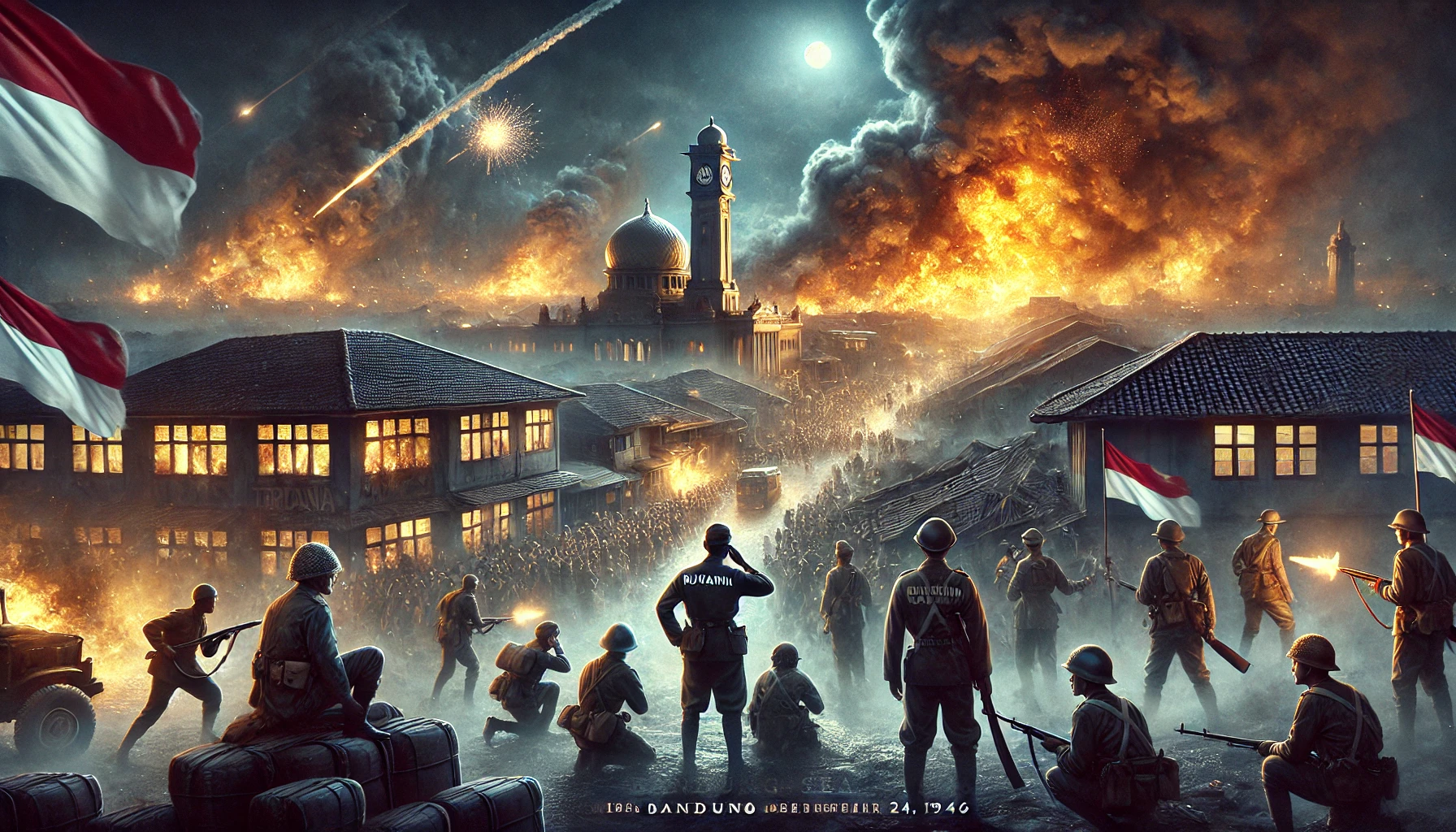 A historical scene depicting the Bandung Sea of Fire on March 24, 1946. The city of Bandung is engulfed in flames.