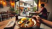 A person enjoying a bowl of Mie Kocok Bandung at a cozy cafe. The dish features yellow noodles, beef tendon, bean sprouts, and a rich, flavorful broth A person enjoying a bowl of Mie Kocok Bandung at a cozy cafe. The dish features yellow noodles, beef tendon, bean sprouts, and a rich, flavorful broth