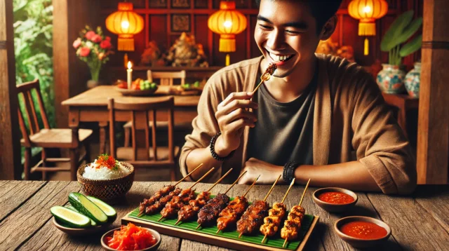 A person enjoying delicious Sate Maranggi skewers, grilled to perfection, with a side of fresh sambal and pickled vegetables.