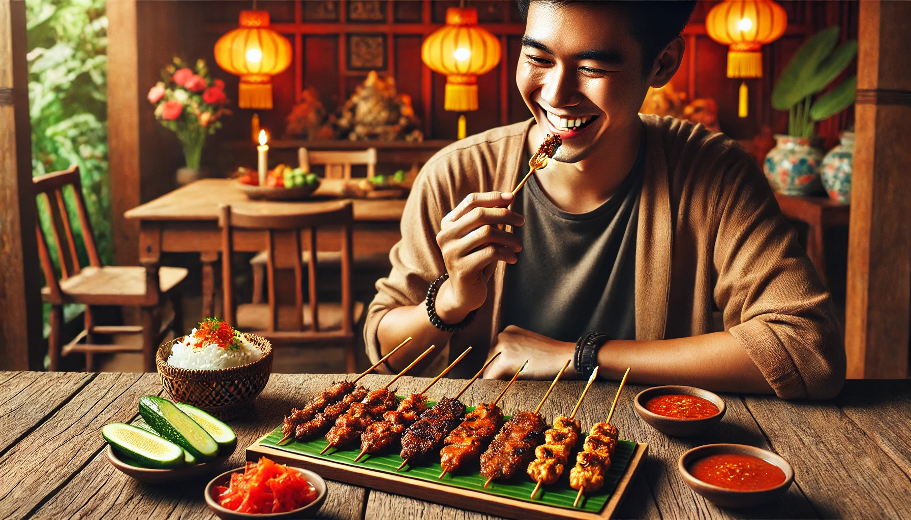A person enjoying delicious Sate Maranggi skewers, grilled to perfection, with a side of fresh sambal and pickled vegetables. A person enjoying delicious Sate Maranggi skewers, grilled to perfection, with a side of fresh sambal and pickled vegetables.