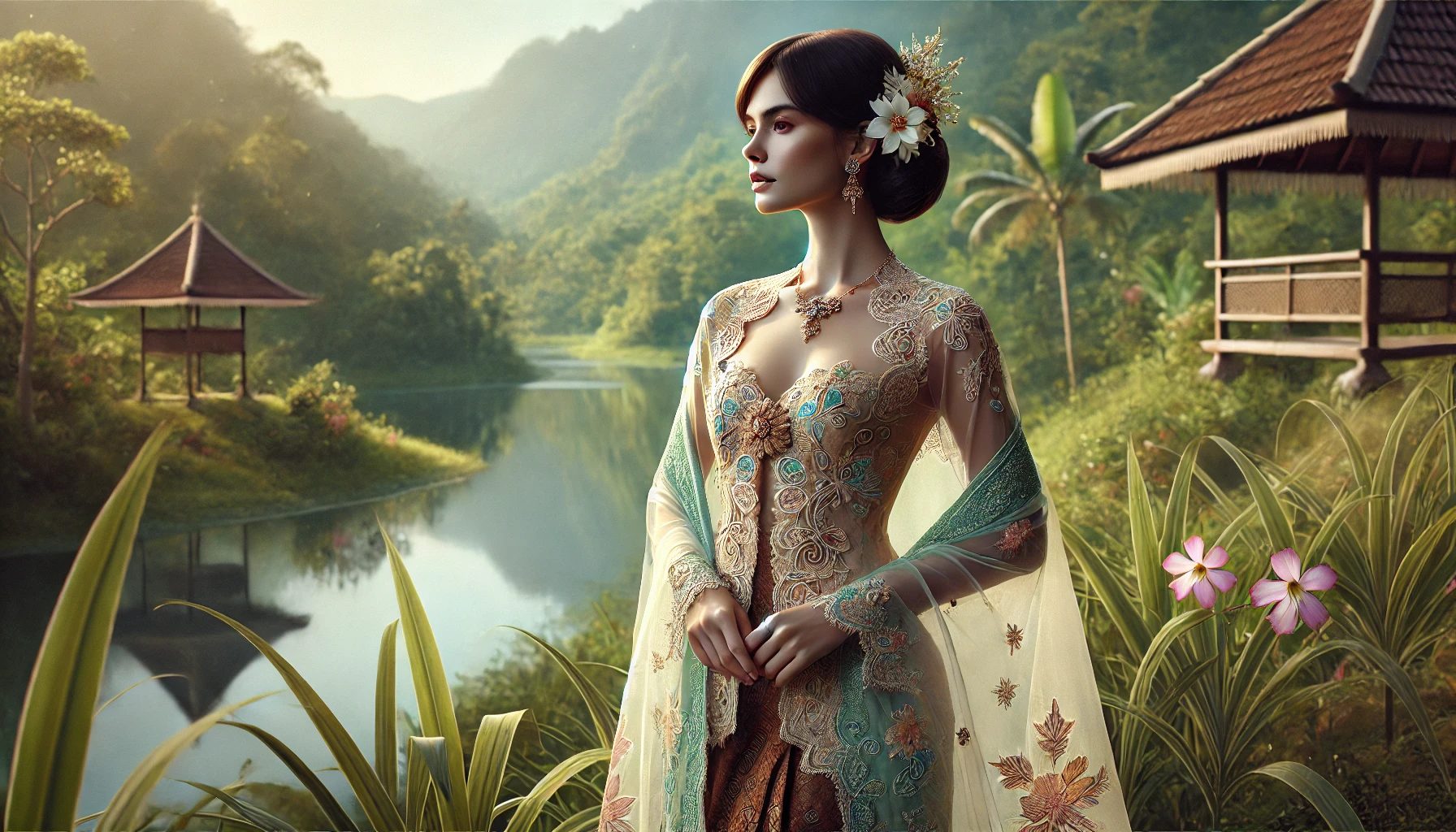 A realistic and culturally rich depiction of a Sundanese woman wearing a traditional West Java kebaya in a serene outdoor setting.