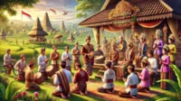 A realistic and vibrant depiction of the Ngarot tradition in Indramayu, West Java. Tradition Ngarot Ceremony