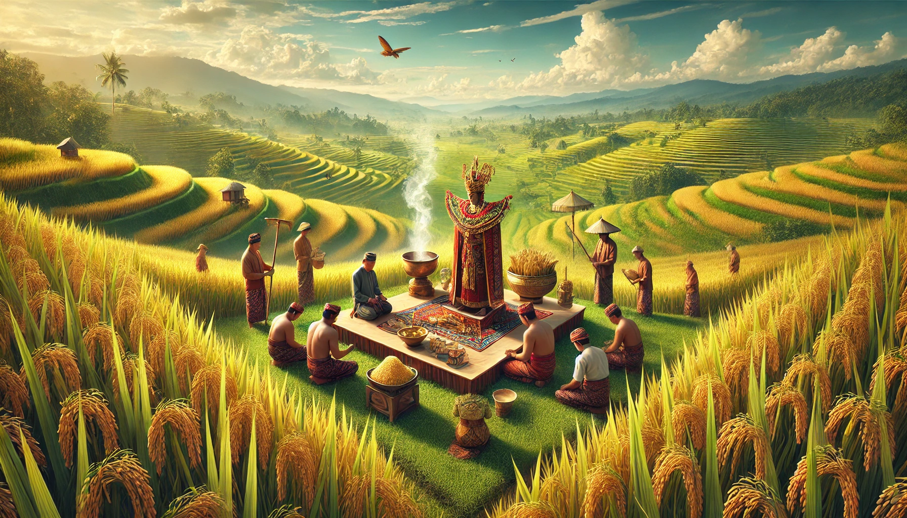 A realistic depiction of the Nyalin tradition in Karawang, set in expansive rice fields during the harvest season.
