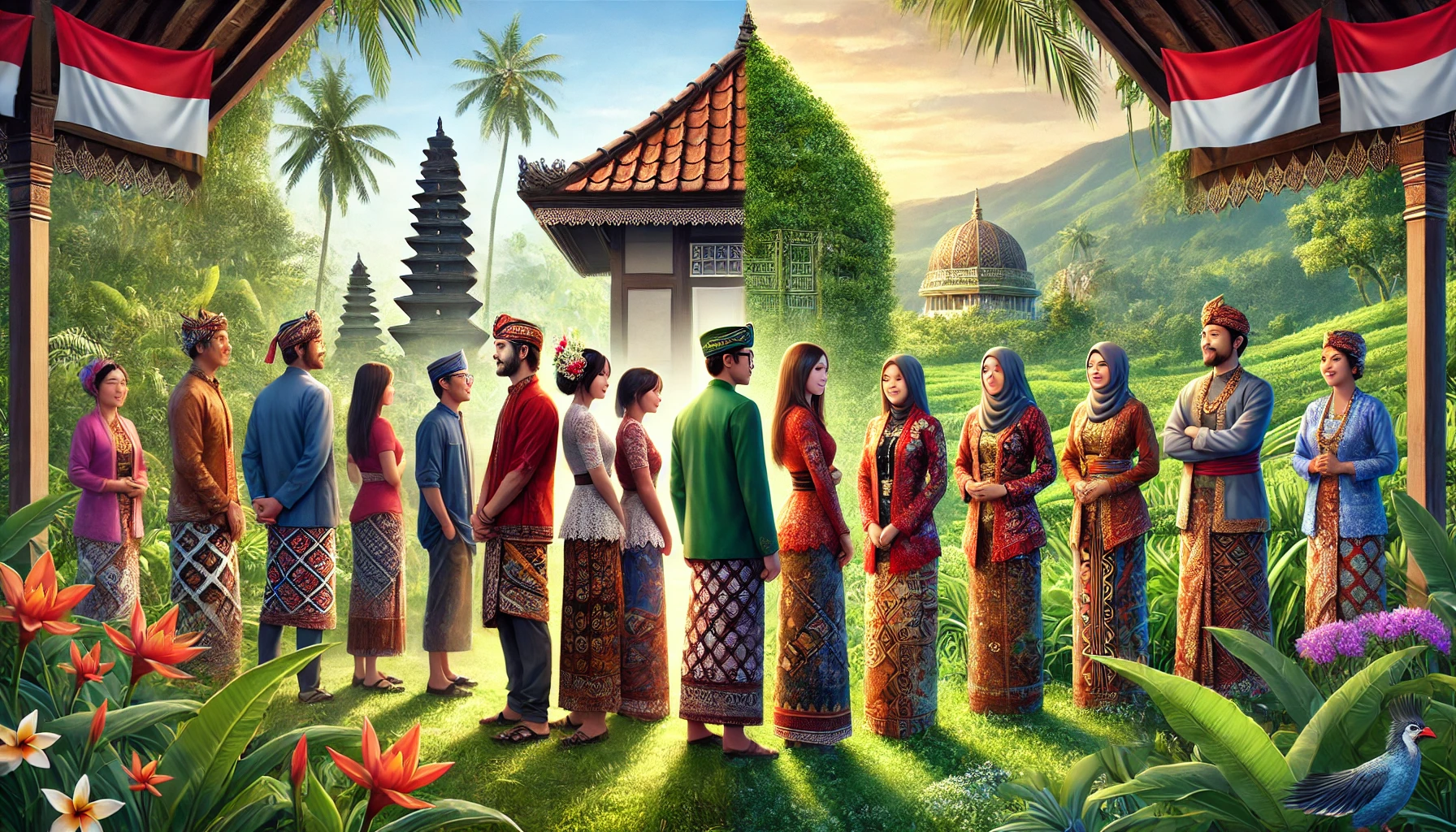A realistic image showing two groups of people representing Sundanese and Javanese cultures.