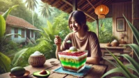 A realistic scene of someone enjoying Goyobod ice, a traditional Sundanese dessert, in a lively and authentic setting. A realistic scene of someone enjoying Goyobod ice, a traditional Sundanese dessert, in a lively and authentic setting.