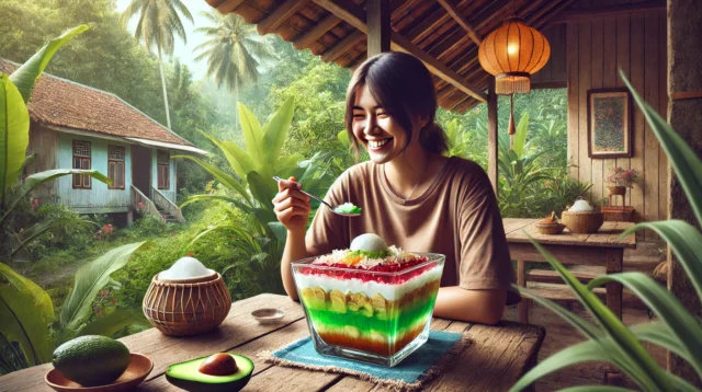 A realistic scene of someone enjoying Goyobod ice, a traditional Sundanese dessert, in a lively and authentic setting.