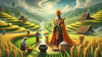 A scenic depiction of the Nyalin tradition in Karawang, set in lush green rice fields during the harvest season. The image features a ceremonial leade A scenic depiction of the Nyalin tradition in Karawang, set in lush green rice fields during the harvest season. The image features a ceremonial leade