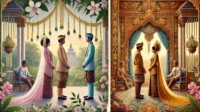 A split image showcasing the differences between Sundanese and Javanese wedding customs. A split image showcasing the differences between Sundanese and Javanese wedding customs.