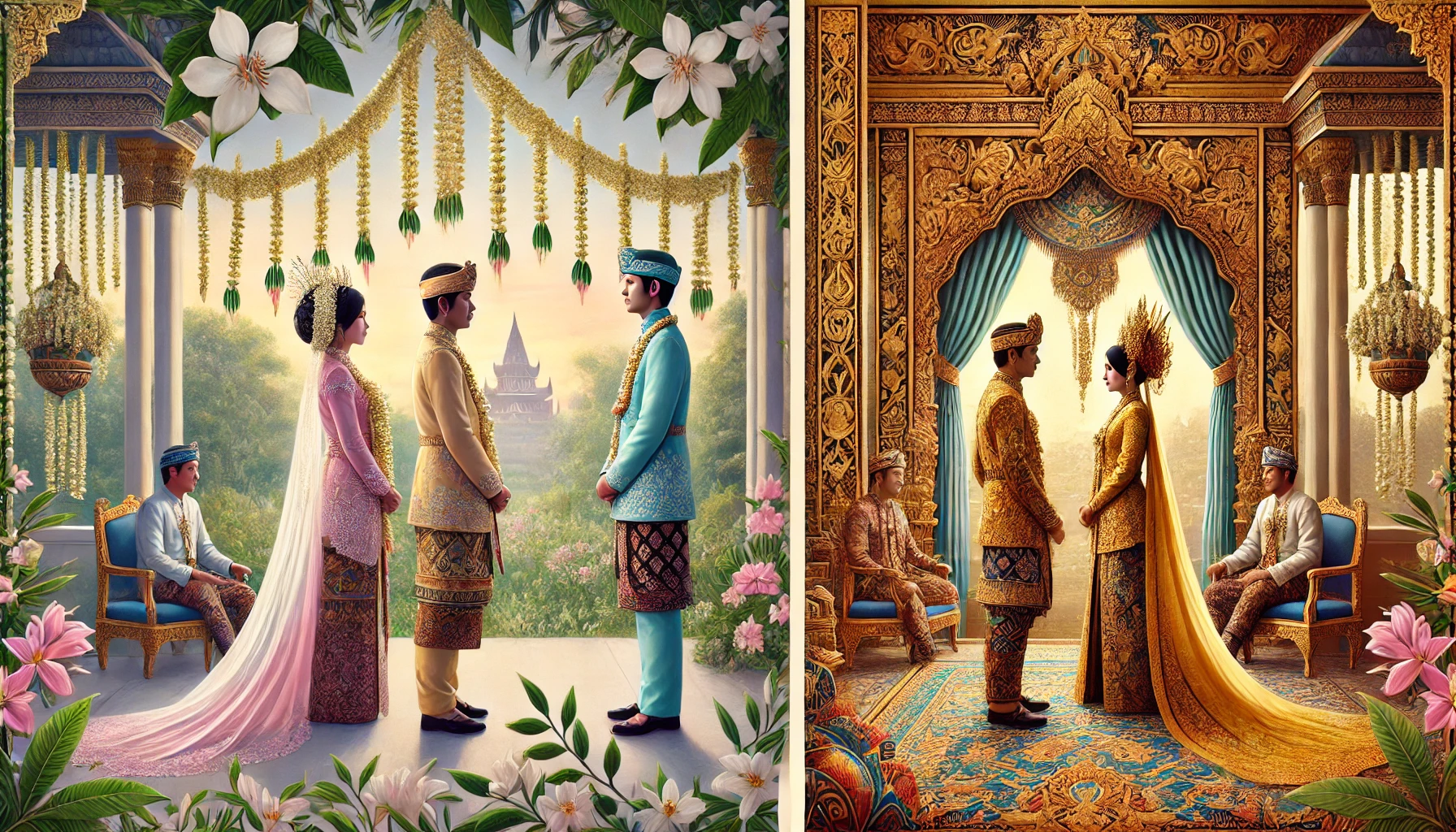 A split image showcasing the differences between Sundanese and Javanese wedding customs.