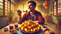 A vibrant scene of a person enjoying a plate of freshly made batagor, a famous Indonesian street food from Bandung. A vibrant scene of a person enjoying a plate of freshly made batagor, a famous Indonesian street food from Bandung.