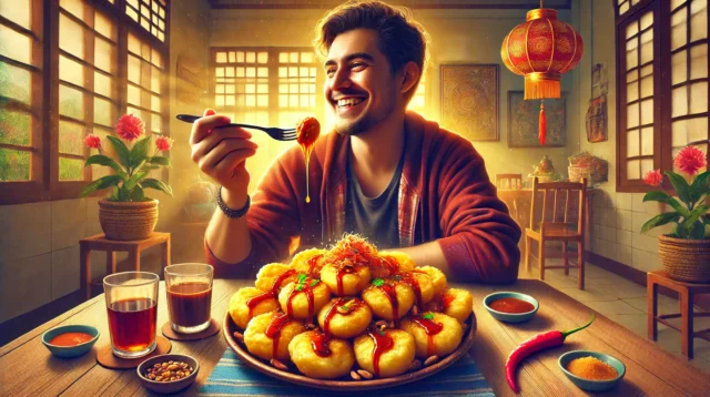 A vibrant scene of a person enjoying a plate of freshly made batagor, a famous Indonesian street food from Bandung.