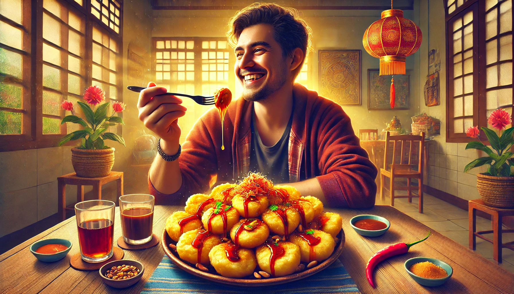 A vibrant scene of a person enjoying a plate of freshly made batagor, a famous Indonesian street food from Bandung. A vibrant scene of a person enjoying a plate of freshly made batagor, a famous Indonesian street food from Bandung.