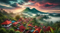 Image of Mount Geulis Manggahang in Bandung, showcasing lush green peaks surrounded by morning mist, with vibrant red-roofed house Image of Mount Geulis Manggahang in Bandung, showcasing lush green peaks surrounded by morning mist, with vibrant red-roofed house