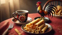 Image of Semprong cake, a traditional Indonesian snack from Purwakarta. The image features a plate of crispy rolled Semprong cookies, gold Image of Semprong cake, a traditional Indonesian snack from Purwakarta. The image features a plate of crispy rolled Semprong cookies, gold