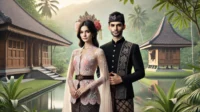 depiction of a Sundanese woman and a Sundanese man wearing traditional West Java attire. The woman is wearing a kebaya depiction of a Sundanese woman and a Sundanese man wearing traditional West Java attire. The woman is wearing a West java kebaya