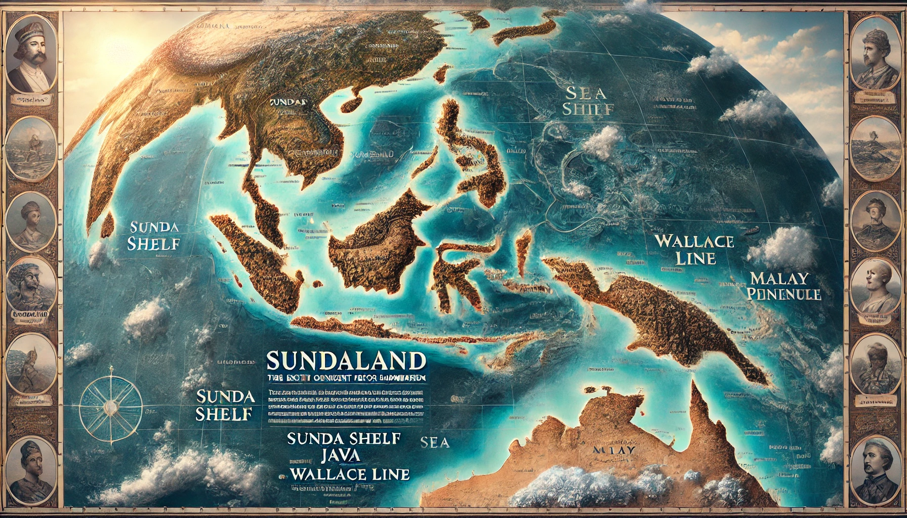 A detailed historical map of Sundaland, the lost continent in Southeast Asia, showing its extent before submersion.