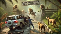 A highly realistic depiction of an incident at Taman Safari Bogor where visitors dangerously exit their vehicle near a lion enclosure.