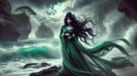 A realistic depiction of Nyi Roro Kidul, the legendary Queen of the Southern Sea. She appears as a mystical woman in a flowing green dress.