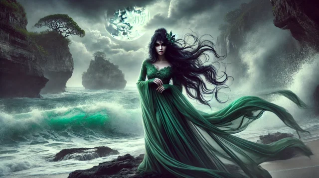 A realistic depiction of Nyi Roro Kidul, the legendary Queen of the Southern Sea. She appears as a mystical woman in a flowing green dress.