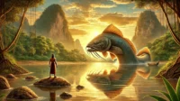 A realistic illustration of the legendary Kiai Layung, a giant kancra fish, emerging from the calm waters of Leuwi Dinding in the Citarum River during A realistic illustration of the legendary Kiai Layung, a giant kancra fish, emerging from the calm waters of Leuwi Dinding in the Citarum River during