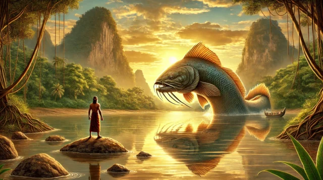 A realistic illustration of the legendary Kiai Layung, a giant kancra fish, emerging from the calm waters of Leuwi Dinding in the Citarum River during