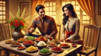 Image of a traditional Indonesian setting featuring a man and a woman enjoying West Javanese sambal.