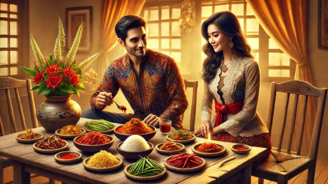 Image of a traditional Indonesian setting featuring a man and a woman enjoying West Javanese sambal.