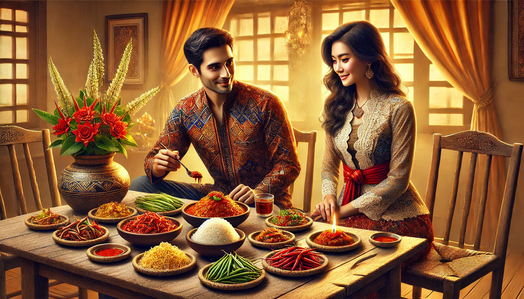 Image of a traditional Indonesian setting featuring a man and a woman enjoying West Javanese sambal. Image of a traditional Indonesian setting featuring a man and a woman enjoying West Javanese sambal.