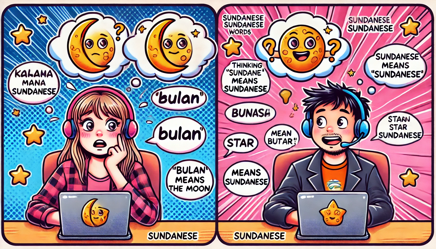 A colorful and engaging illustration showcasing humorous misinterpretations of Sundanese words.