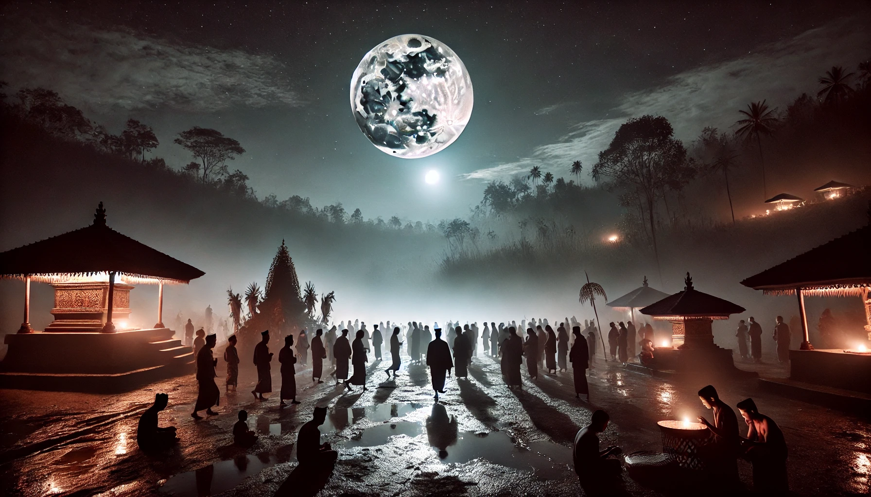 A full moon illuminating the night sky with silhouettes of people walking and gathering in a sacred ritual Ngabungbang.