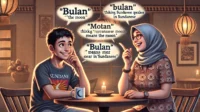 A realistic depiction of two people engaged in a conversation about Sundanese words with humorous misunderstandings.